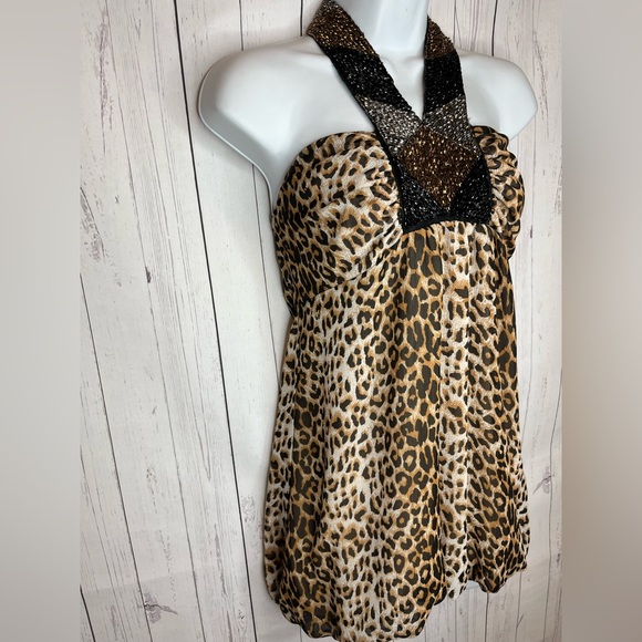 Love 21 Halter Top Womens Small Brown Leopard Print Embellished Beaded Neckline - Picture 3 of 5